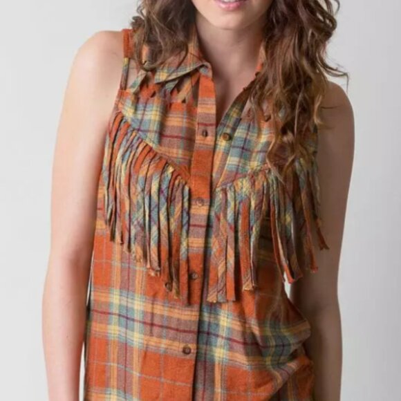 GIMMICKS SIZE X-LARGE RUST ORANGE BUTTON DOWN SLEEVELESS FRINGE SHIRT - Picture 1 of 10